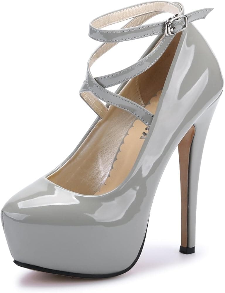 Women's Patent Leather Platform High Heel Pumps with Strap #10 PU Grey Tag 42 - US B(M) 9.5