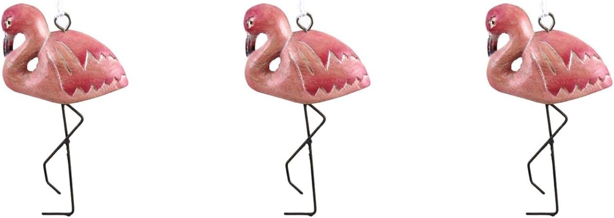 Carved Wooden Tropical Pink Flamingo Oranments Set of 3