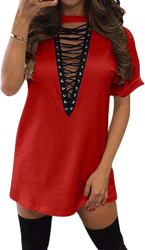 TOB Women's Sexy Halter Lace up Mini T Shirt Club Dress Red