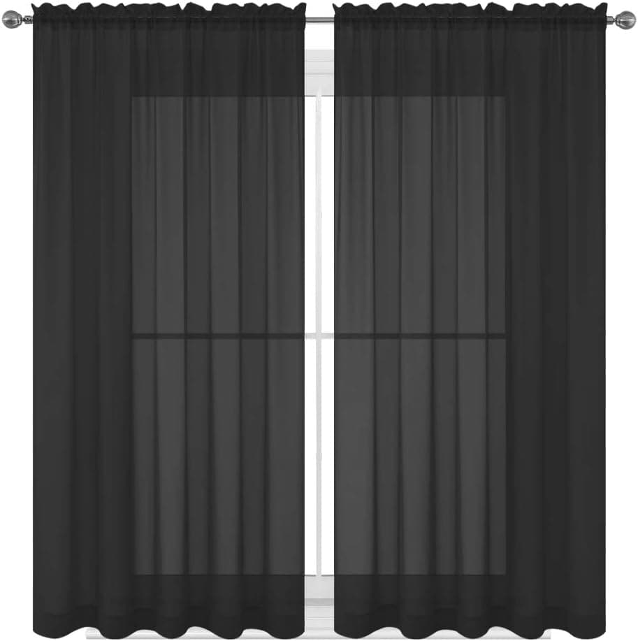 WPM WORLD PRODUCTS MART Black Window Sheer Treatment Panels Beautiful Rod Pocket Voile Elegance Curtains Drapes for Living Room, Bedroom, Kitchen Fully Stitched, Set of 2 (Black, 63" Inch Long)