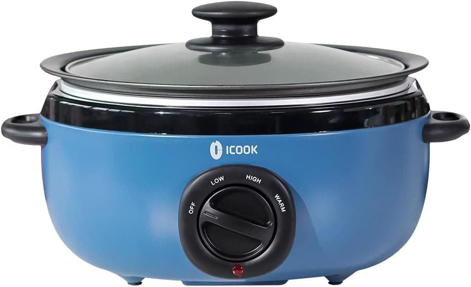 ICOOK USC-65-OP001BL 6.5 Quart Slow Cooker,Aluminium Sear/Sauté Stew Pot Stovetop safe,Dishwasher Safe,Glass Lid,Adjustable Temp,Food Warmer,BLUE