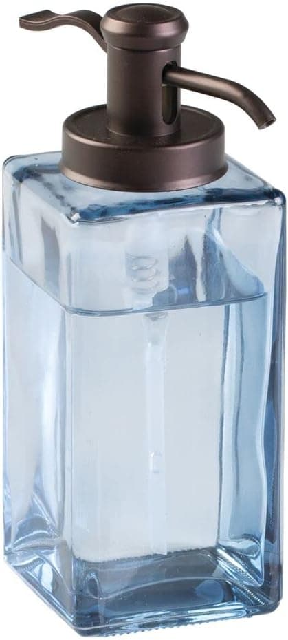 mDesign Decorative Square Glass Refillable Liquid Soap Dispenser Pump Bottle for Bathroom Vanity Countertop, Kitchen Sink - Holds Hand Soap, Dish Soap, Hand Sanitizer, Essential Oil - Navy Blue/Bronze