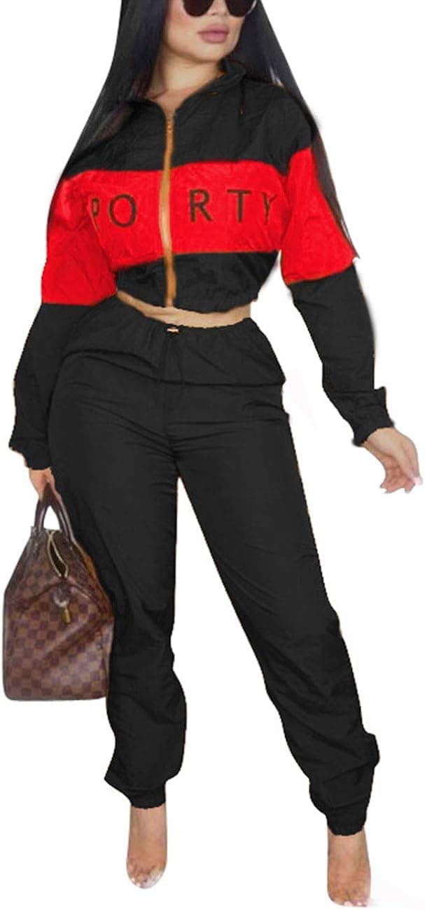 Women's Letter Print 2 Piece Outfits Color Block Zip Up Crop Top Jacket and Pants Set Tracksuit Black Medium