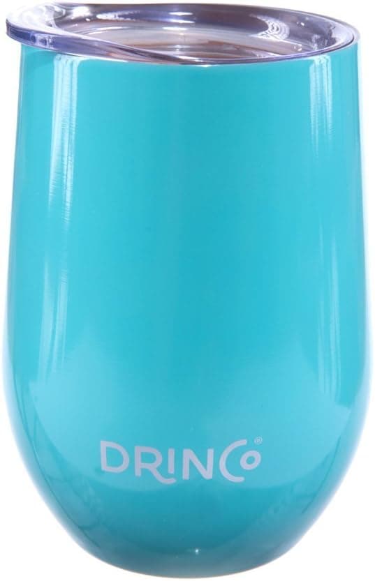 Drinco - Stainless Steel Wine Tumbler | Double Walled Triple Vacuum Insulated Mug with Splash Proof Lid For Hot & Cold Drinks | Aqua | Perfect for Camping & Traveling | BPA Free | 12oz |