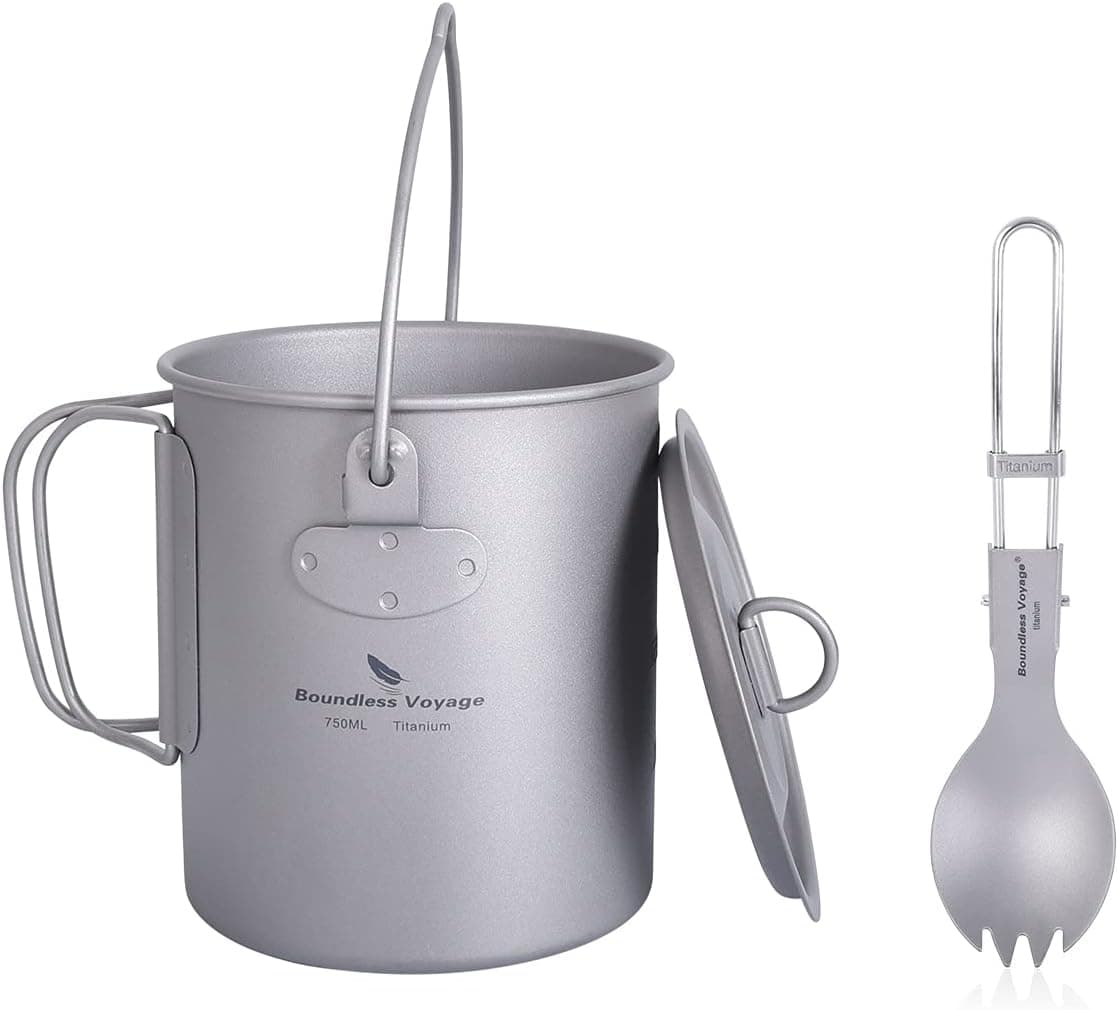 usharedo Outdoor 750ml - 2900ml Titanium Pot with Lid Folding Bail Handle Camping Hiking Picnic Ultralight Water Bottle Cup Mug Spork Set