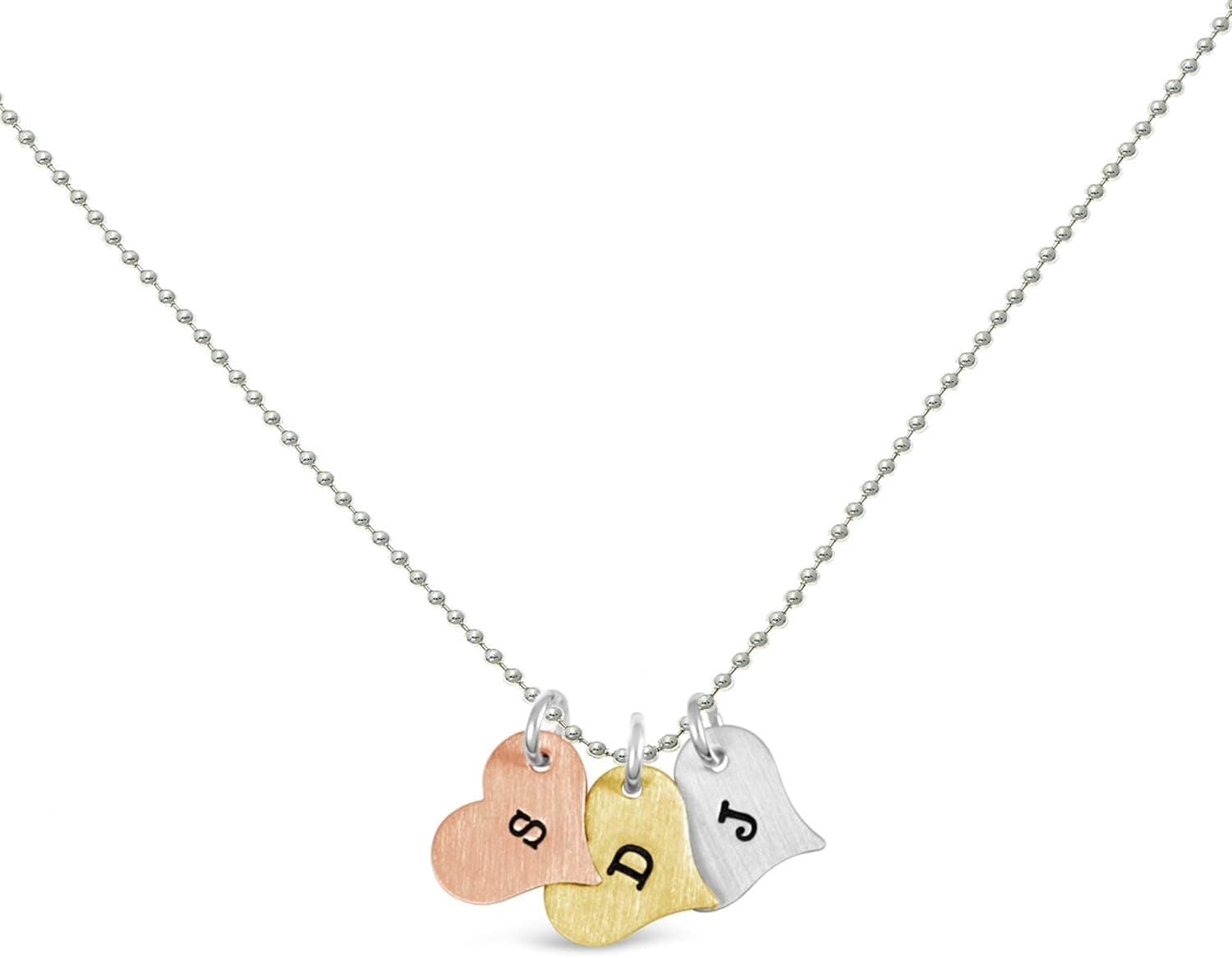 AJ's Collection Tiny Mixed Tone Triple Heart Initial Charm Simple Minimalist Necklace. 14K Rose Gold Plated, 14K Gold Plated, 925 Sterling Silver with Gold Plated Sterling Silver Chain