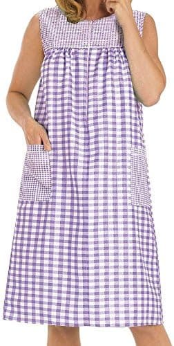Ezi House Dresses for Women with Pockets Moo Moos Gingham House Coat Sleevless Zipper Duster Dress - Medium to Plus Size