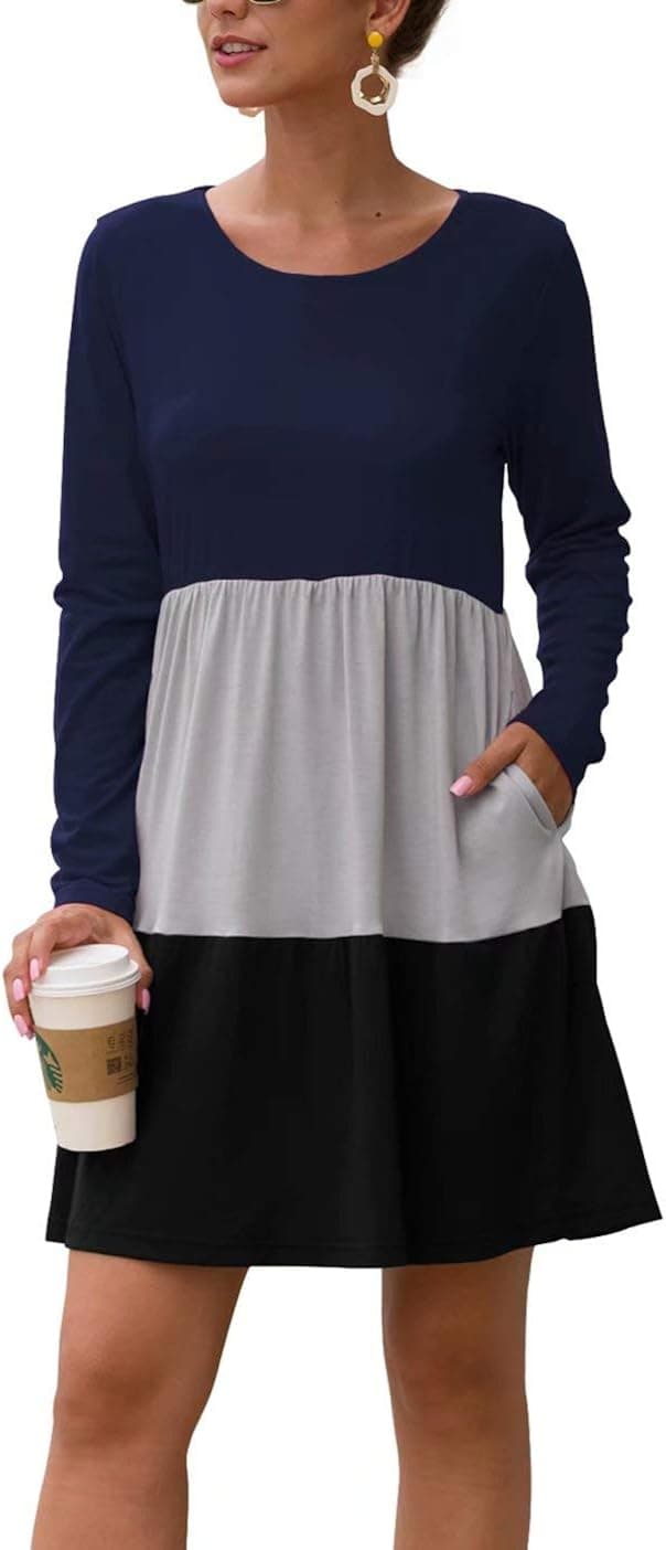 PinUp Angel Women Long Sleeve Color Block Patchwork Dress Comfy Cute Tiered Short Dress