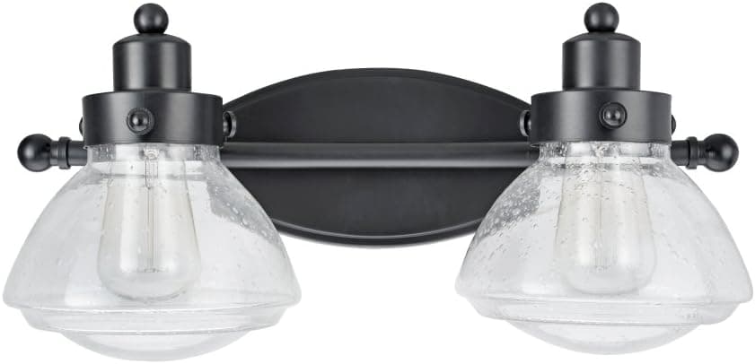 Aspen Creative 62061, Two-Light Metal Bathroom Vanity Wall Light Fixture, 17 1/2" Wide, Transitional Design in Black with Clear Seedy Glass Shade
