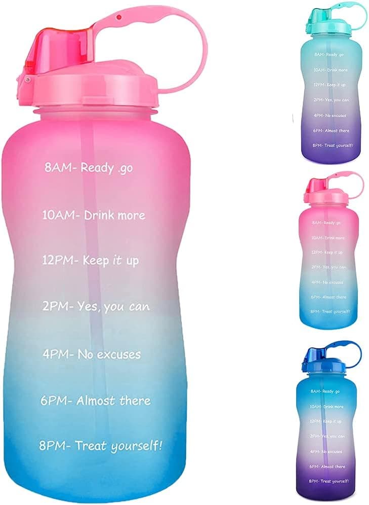 Large Half Gallon/64OZ Motivational Water Bottle with Handle & Straw - Tritan BPA Free Fitness Sports Water Jug with Time Marker (64oz-Blue/Pink)