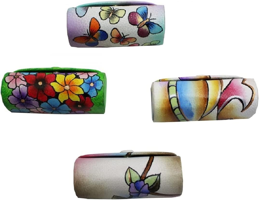Magnifique Lipstick Case, Holder, Hand Painted Leather Top Grain Cowhide, Small Mirror, Assorted Colors (Full Set of Four)