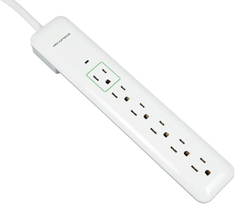 Monoprice 109198 6 Outlet Slim Surge Protector Power Strip - White - 3ft Cord | UL Rated 540 Joules With Power/Circuit Breaker Switch