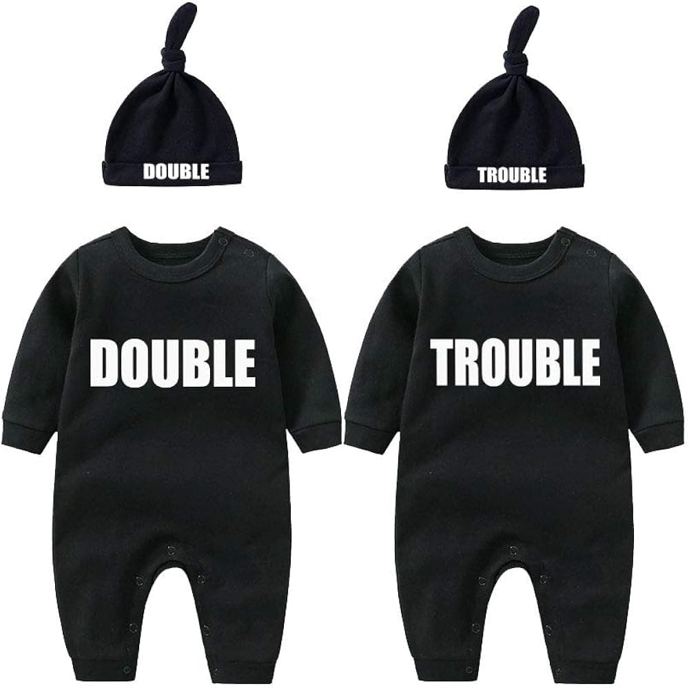 YSCULBUTOL Baby Twins Bodysuits Funny Double Trouble Cute Girl Romper Twin Jumpsuits Hat Set