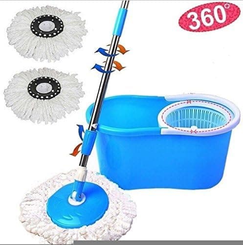 Fashion Blue 360¡ã Easy Clean Floor Mop Bucket 2 Heads Microfiber Spin Rotating