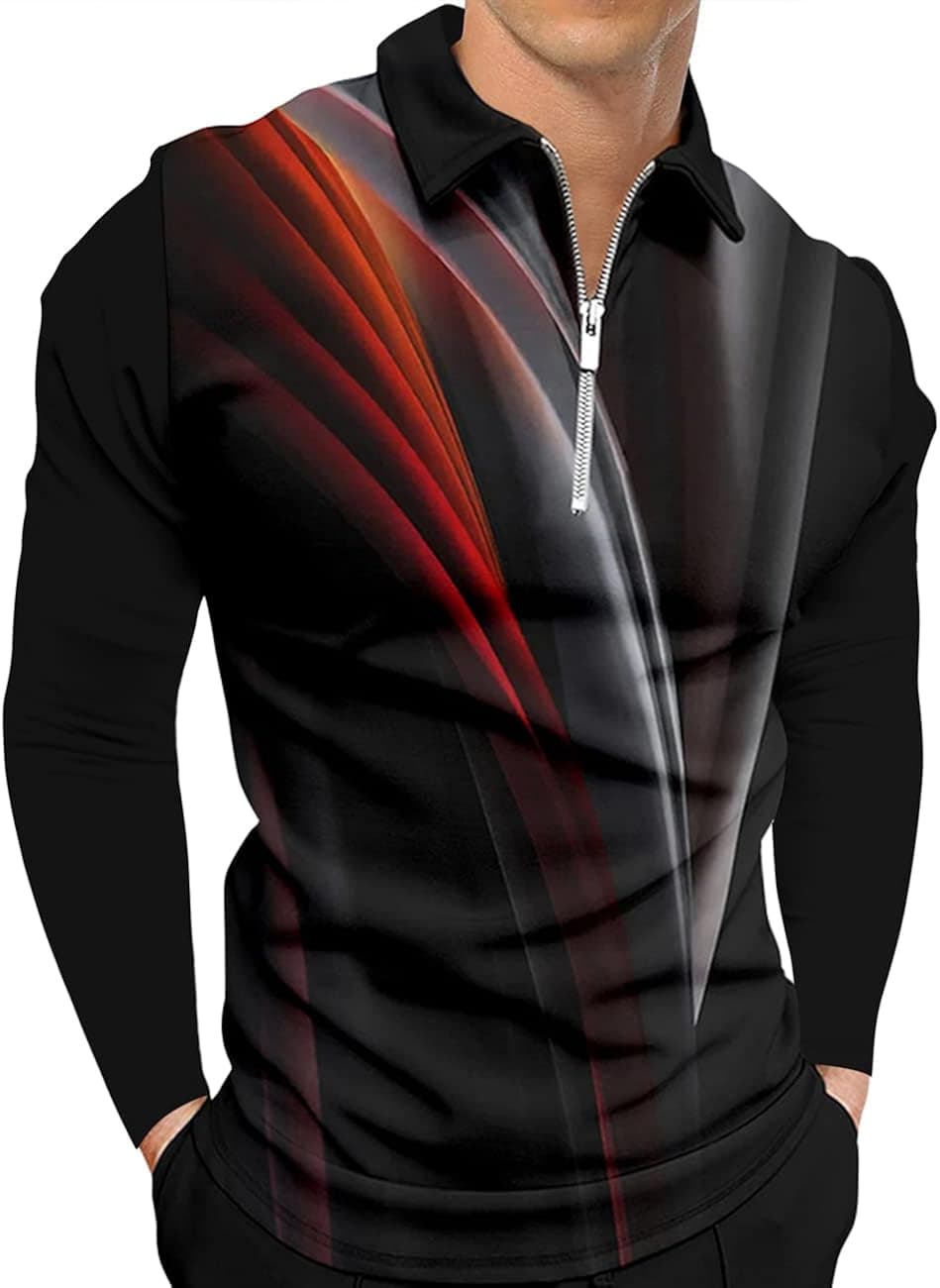 Hodaweisolp Men's Short Sleeve Zipper Casual Slim Fit Printed Golf Polo Shirt Tops