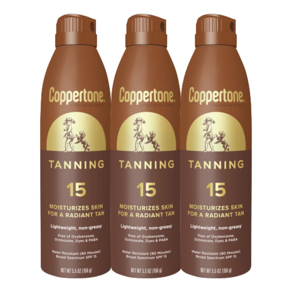 Coppertone Tanning Sunscreen Spray, Water Resistant Spray Sunscreen SPF 15, Broad Spectrum SPF 15 Sunscreen, Bulk Sunscreen Pack, 5.5 Oz Spray, Pack of 3