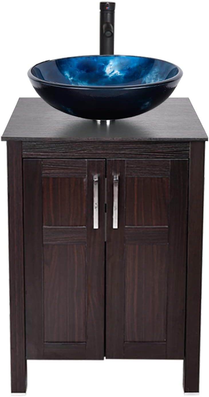 ARTETHYS 24 inch Bathroom Vanity Vessel Sink Combo Modern MDF Cabinet with Vanity Tempered Glass Counter Top Tempered Glass with Oil Rubed Bronze ORB 1.5 GPM Faucet and Pop Up Drain