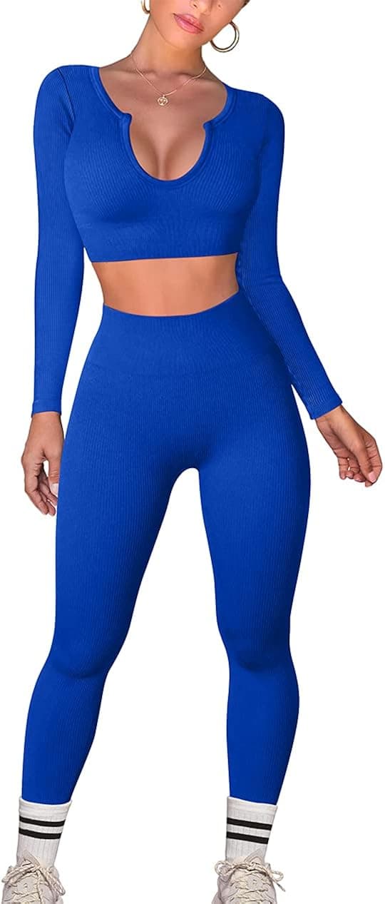 LNSK Women's Workout Outfits Yoga 2 Piece Seamless Ribbed Long Sleeve Tops Gym High Waist Running Leggings Sets