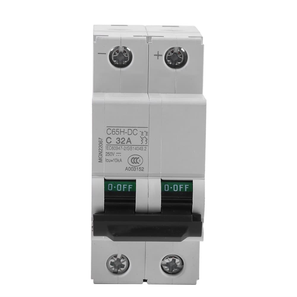 Low-Voltage Air Circuit Breaker, 250V DC 2P DIN Rail Mount Miniature Circuit Breaker for Solar Panels Grid System, Wind and Solar Hybrid System and Other DC Systems (32A)
