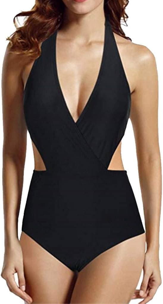 SolwDa Womens Surplice Neckline High Waisted Halter One High Neck Piece Monokini Swimsuit