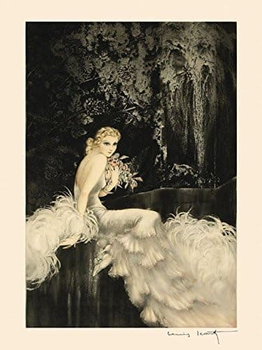 Heritage Posters Fashion Blond Lady White Dress Flowers Bouquet by Louis Icart 12" X 16" Image Size Art Repro on Matte Paper