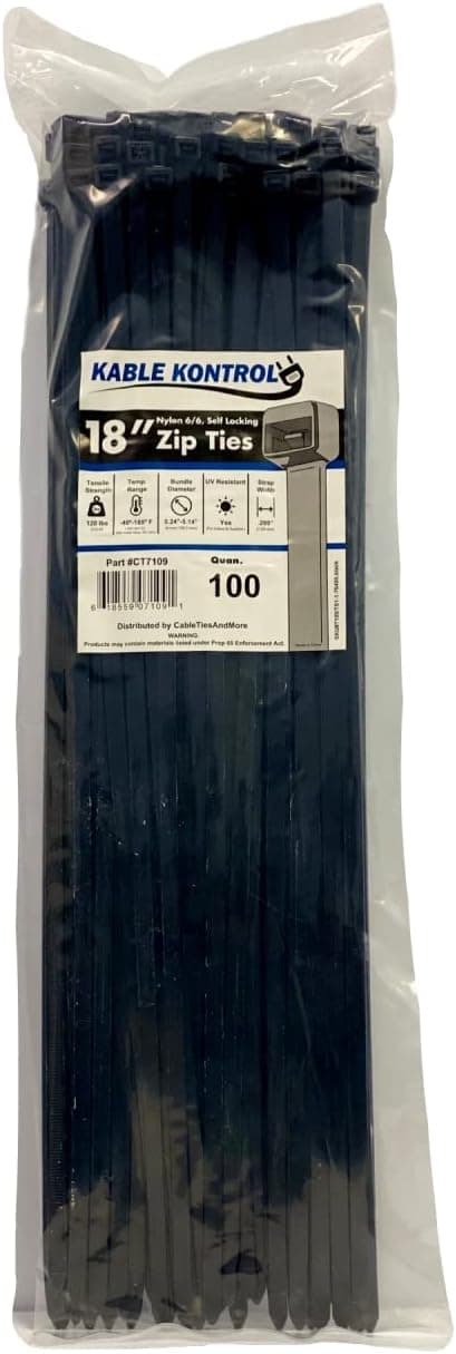 Kable Kontrol Heavy Duty Cable Zip Ties 100 Pcs 18 Inch Black, 120 Lbs Tensile Strength, Self-locking UV Resistant Plastic Nylon Wire Ties, for Indoor or Outdoor Use