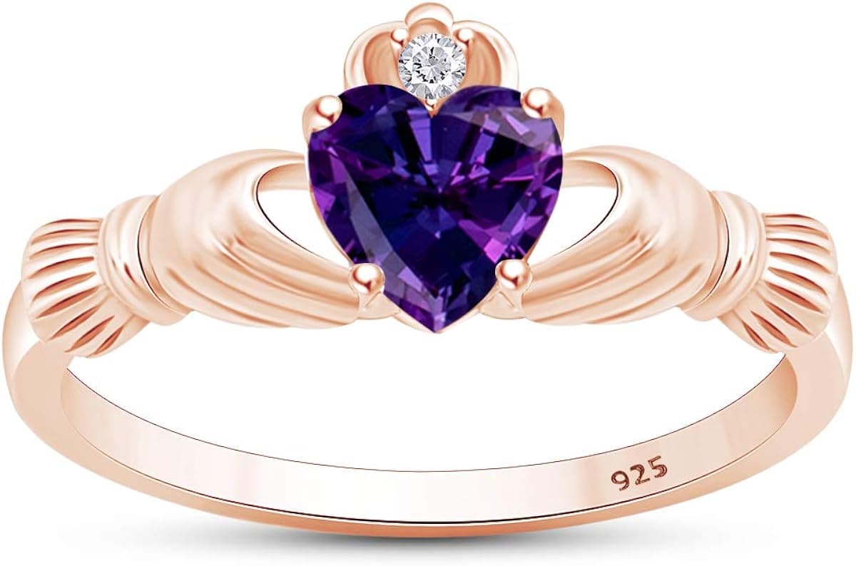 Jewel Zone US Heart Shaped Simulated Garnet & Cubic Zirconia Claddagh Ring in 14k Rose Gold Over Sterling Silver Ring Size - 4