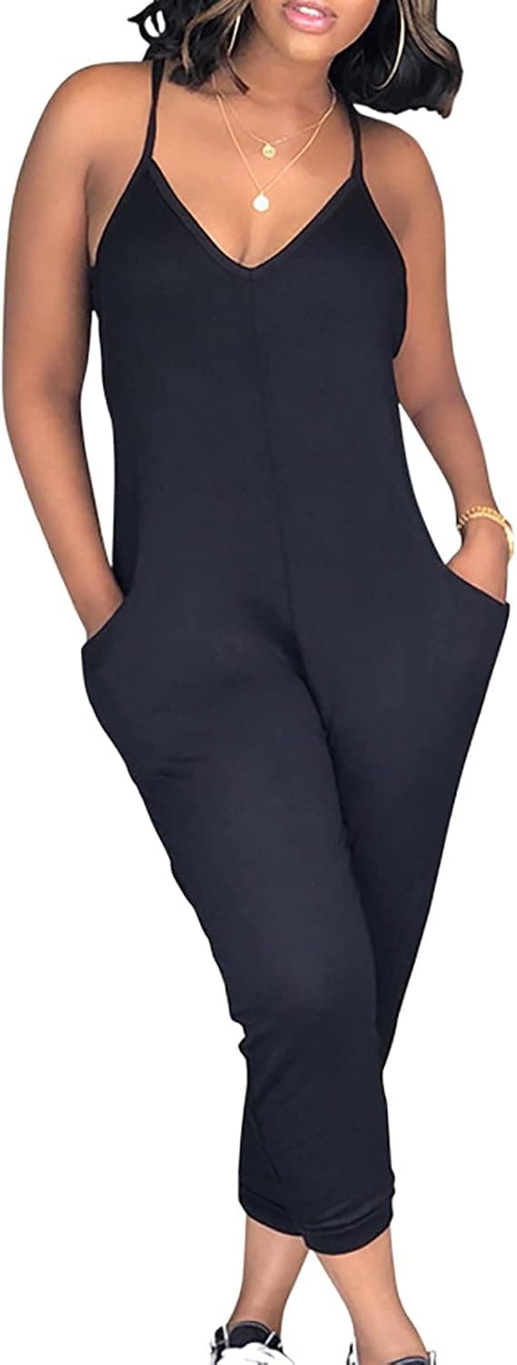 LKOUS Casual Suspender Jumpsuits for Womens, V Neck Solid Color Loose One Piece Rompers
