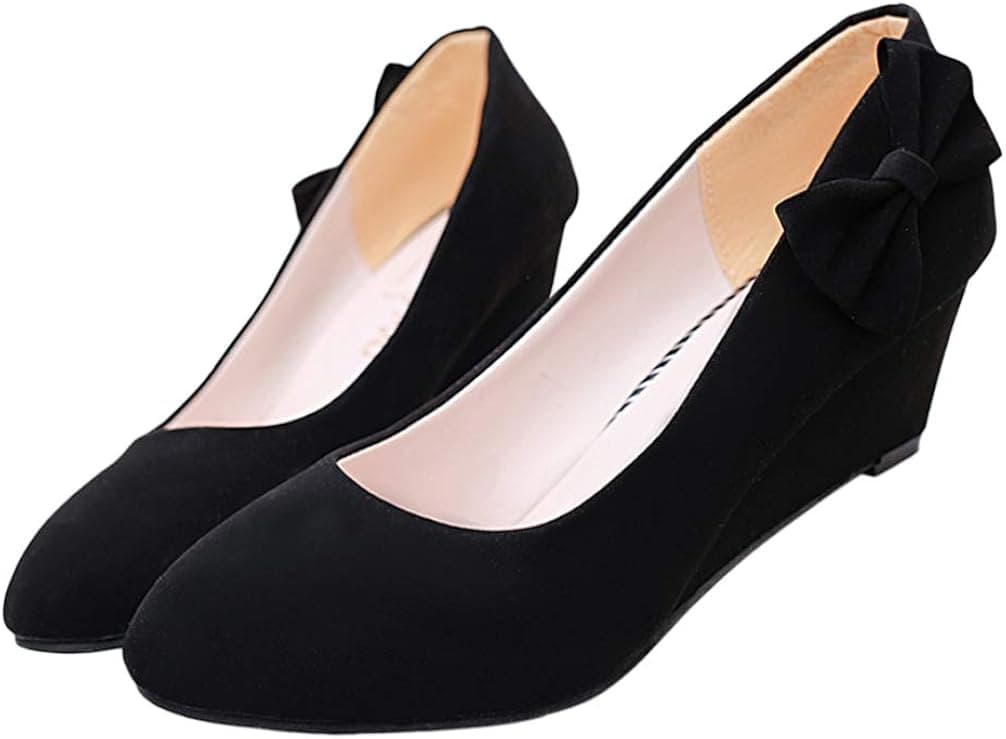 Generic Bow Wedge Court Shoes Mid Heel Round Toe Pumps Women Shallow High Heels Bow High- heeled Shoes for Woman Girls (Black 39)