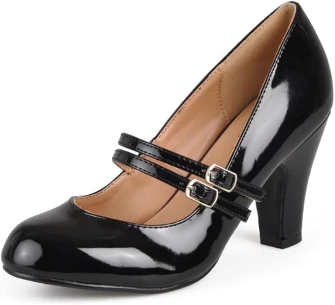 Journee Collection Womens Wendy Heels Classic Mary Jane Pumps with Double Strap, Patent or Matte Finish