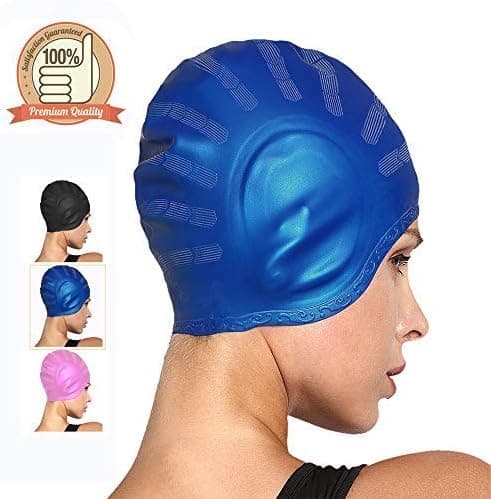Swim Cap for Long Hair, Improved Waterproof Silicone Swimming Caps for Women Men Children Best Short Hair Swim Caps for Boys and Girls with Ear Pocket