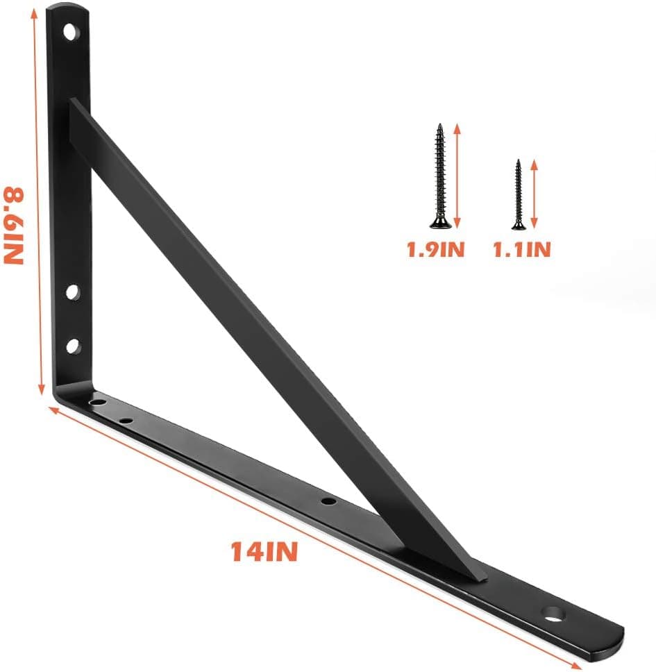 Shelf Brackets 14 inch, Heavy Duty Floating Shelf Bracket for Open Shelving, Black Metal L Bracket Angle Wall Brackets for 14 16 Large Shelves - 2 Pack with Screws - Multi-Size Available