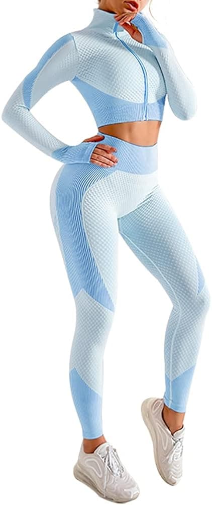 KIKIMINK Women's 3 Pieces Workout Set Seamless Tracksuit High Waist Leggings Zipper Long Sleeve Crop Top Sports Bra Yoga Set