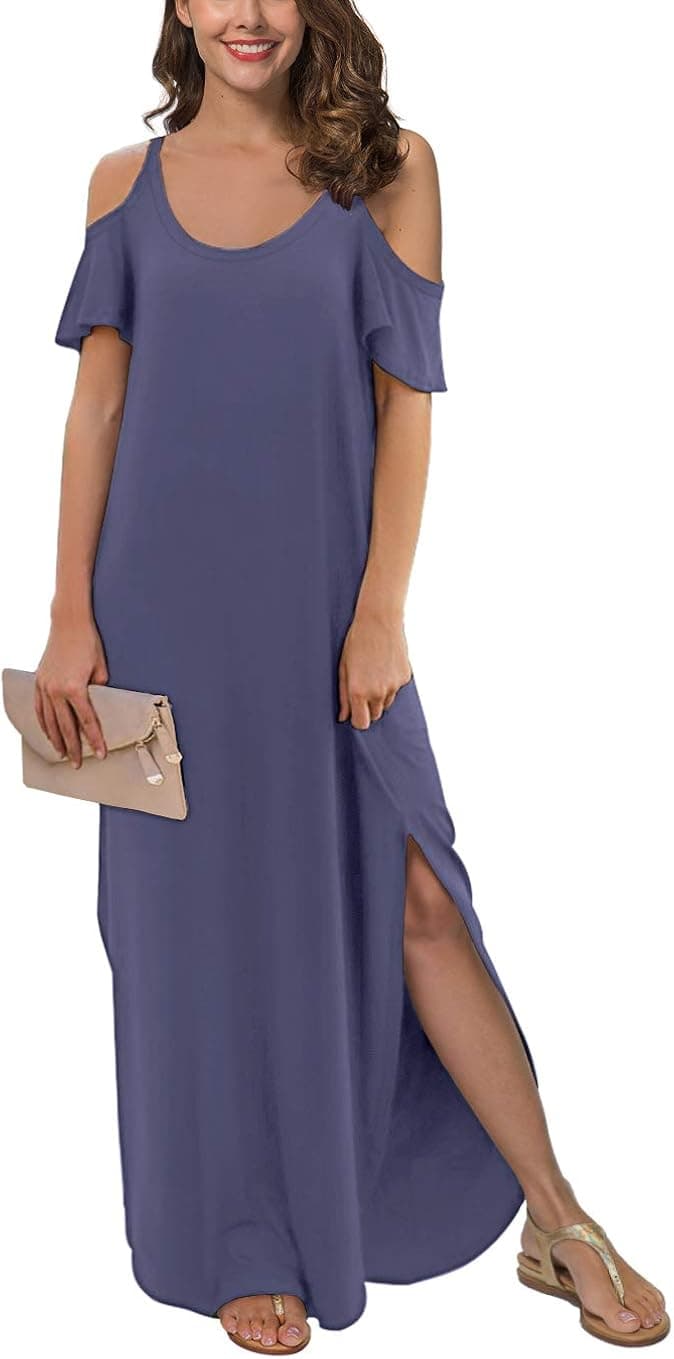 GRECERELLE Women's Summer Cold Shoulder Casual Loose Long Dress Strapless Maxi Dress Short Sleeve Off Shoulder Sundresses