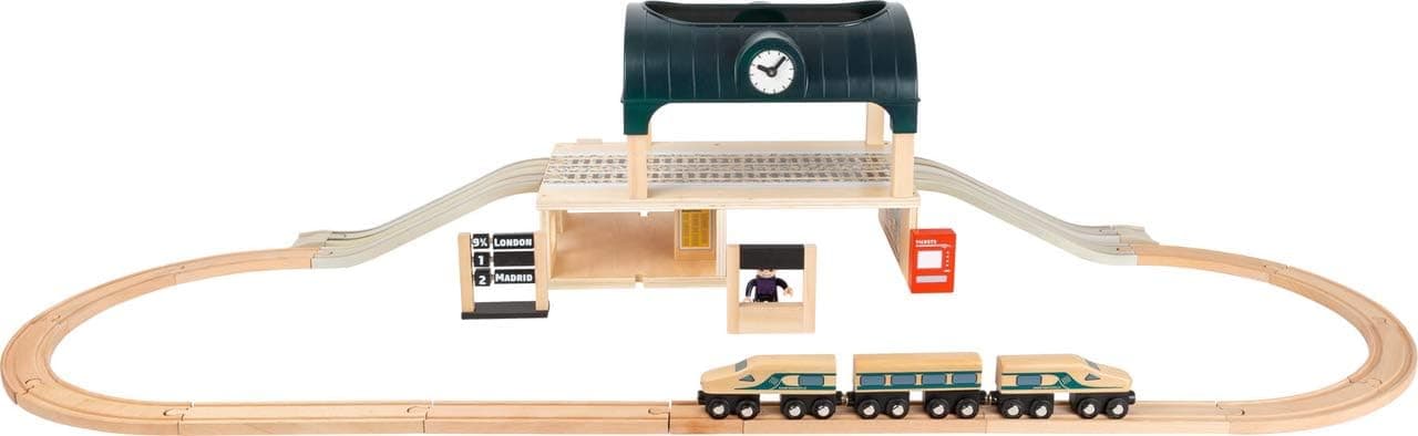 Small Foot Wooden Toys Train Station complete playworld with Accessories designed for children ages 3+