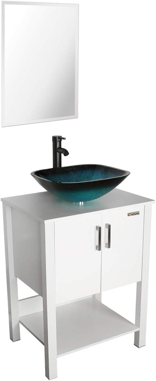 eclife 24’’ Bathroom Vanity Sink Combo White Cabinet Vanity Turquoise Square Tempered Glass Vessel Sink & 1.5 GPM Water Save Faucet & Solid Brass Pop Up Drain, with Mirror(A10B12W)
