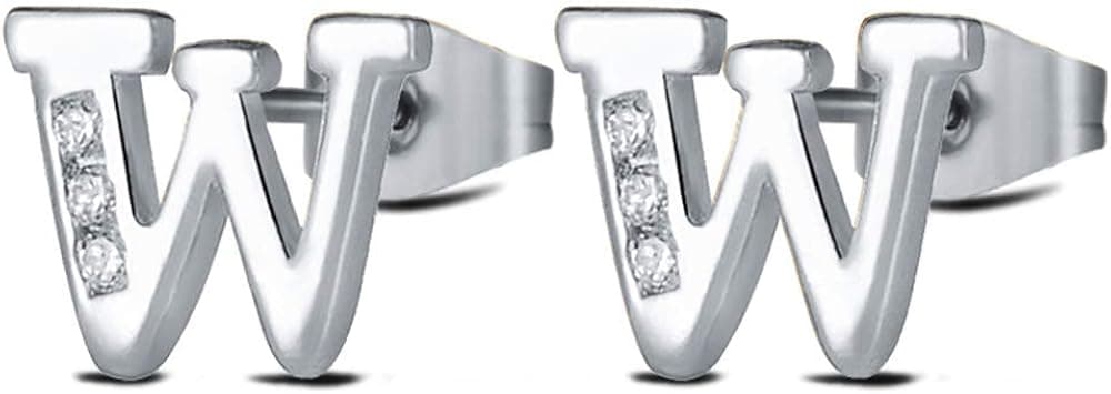 Letter W Earrings Alphabet Silver Initial Letter Studs for Women Girls Tiny Stainless Steel Hypoallergenic Sensitive Ears