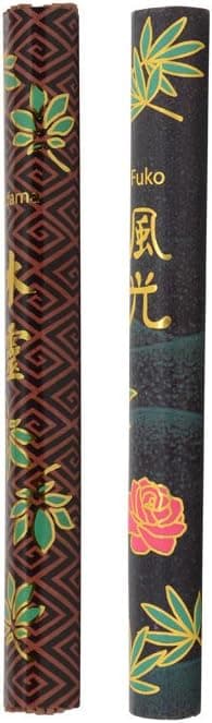 Japanese Incense Sticks, Set of 2, Kenmei Do: Kodama (Tree Spirit) and Fuko (Rose Incense), Each Roll with 36 Sticks