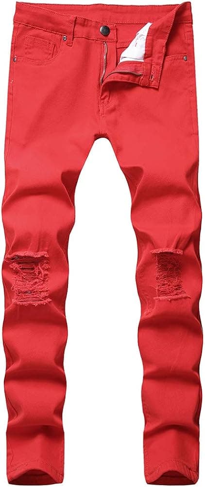 LONGBIDA Men's Ripped Destroyed Jeans Stretchy Knee Holes Slim Fit Tapered Leg Denim Pants