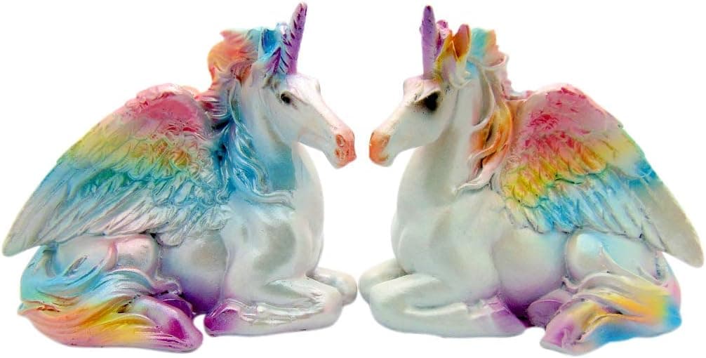 Everspring Import Unicorn Figurine Collectible White with Rainbow Wings 2 Pc Set 3" Wide
