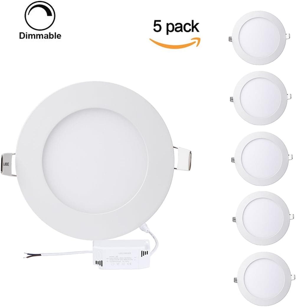 ProGreen Pack of 5 Units 15W Flat LED Panel Light, Dimmable Round Ultrathin LED Recessed Downlight, 1200lm, Warm White 3000K, Cut Hole 7.1 Inch, Panel Ceiling Lighting with 110V LED Driver