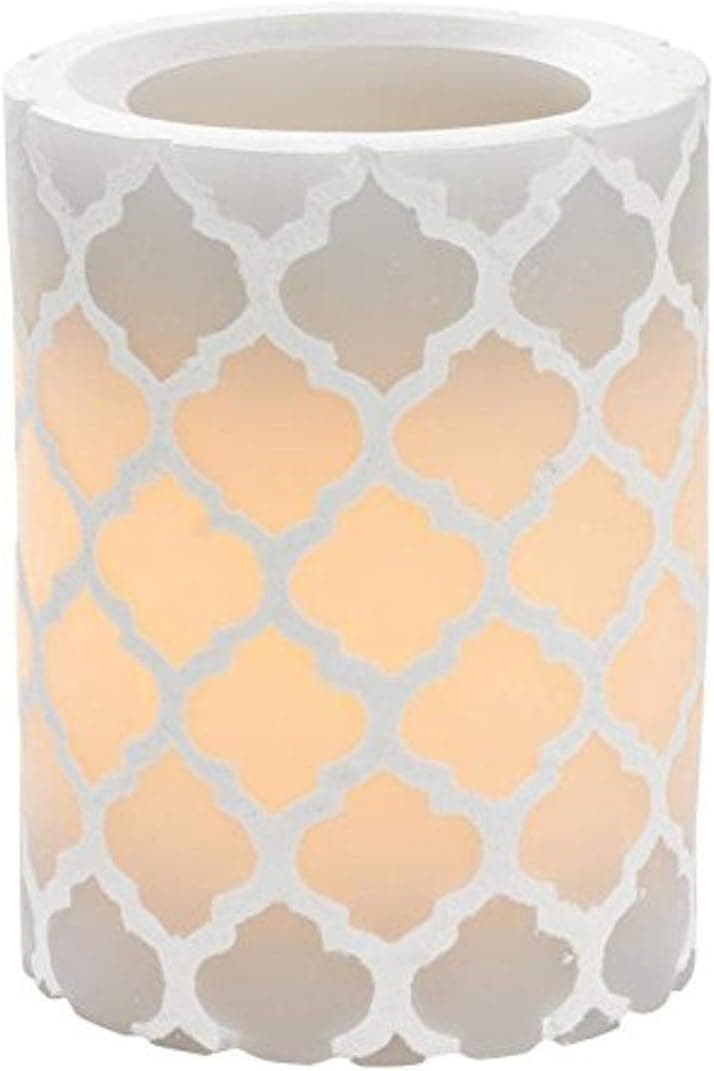 Sterno Home CGT11848GY Carved Quatrefoil LED Flameless Pillar Candle with 5-Hour Timer, 3.0-inch by 4.0-inch, Gray