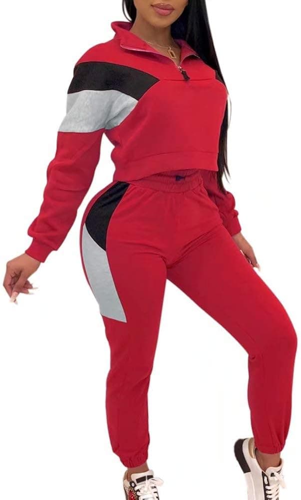 Ladies Fashion Pullover Crop Top Long Pants Set Colorful Two Piece Tracksuit for Women XL Deep Red