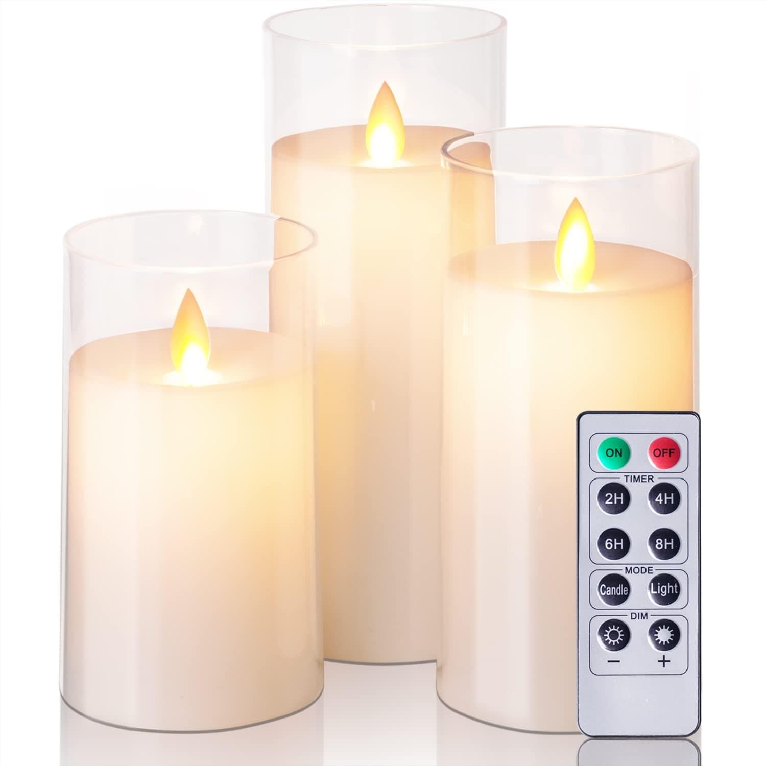 5plots Pure White Flickering Flameless Candles, Unbreakable Battery Operated Plexiglass LED Pillar Radiance Candles with Remote Control and Timer, Set of 3, 3" x 5"6" 7"