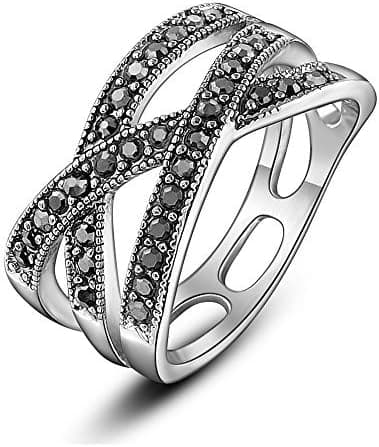 dnswez Vintage CZ Criss Cross Rings for Women Black Marcasite Stone Statement Chunky Rings for Girls with Intertwined Cable Wire