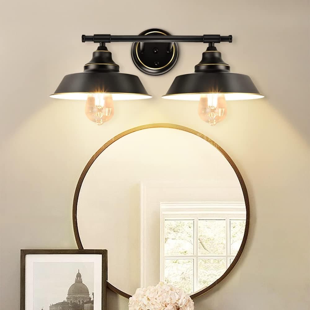 DLLT Bathroom Vanity Light Fixtures-2 Light Farmhouse Wall Sconce Lighting, Industrial Metal Hanging Wall Lamp for Bathroom, Powder Room, Mirror, Kitchen, Matte Black, E26 Bulb Not Included