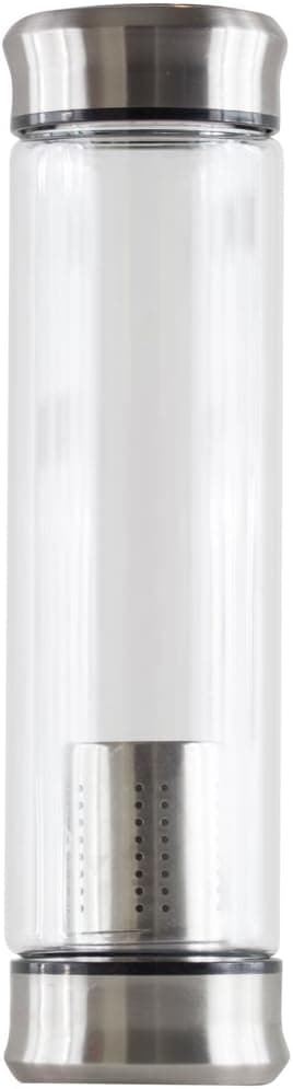 Loose Tea Infuser Bottle 13oz - Double Wall Glass with Screw-On Strainer Basket for Loose Leaf Tea - No Plastic Contact Top & Bottom Lids - Cold Water Fruit Infusions - Tea Tumbler Travel Mug for Tea