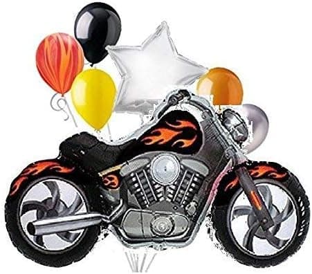 8pc Pieces BLACK Motorcycle with Orange-Yellow Flames Mylar and Latex Balloon Bouquet Set