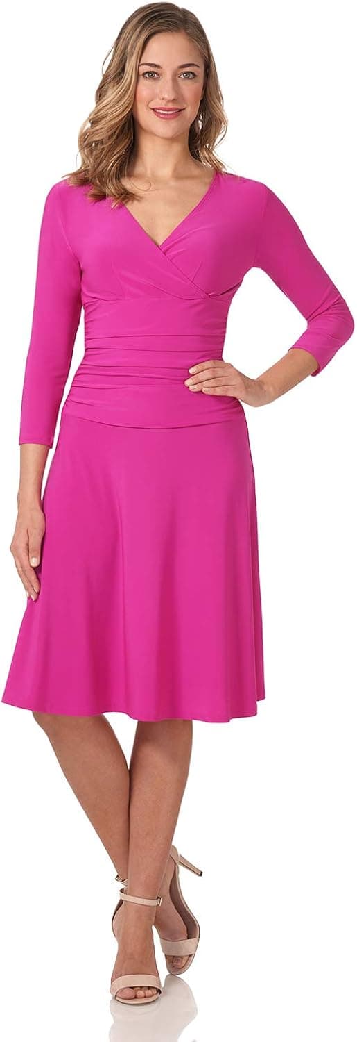 Rekucci Women's Slimming 3/4 Sleeve Fit-and-Flare Crossover Tummy Control Dress