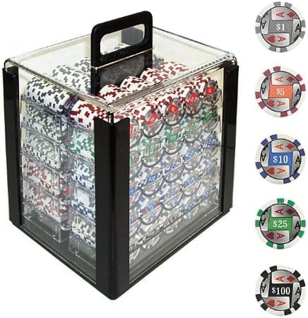 Trademark 1000 4 Aces with Denominations Poker Chips in Acrylic Carrier, Clear